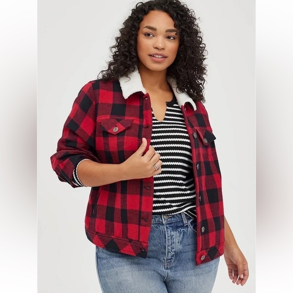 Torrid Red/Black/White Buffalo Plaid Cropped Button-Down Blazer Jacket
